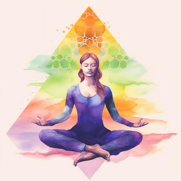 Generative KI Silhouette einer Frau in einer Yoga-Pose Aquarell handgezeichnete Illustration Lotusposition Chakras bei der Meditation