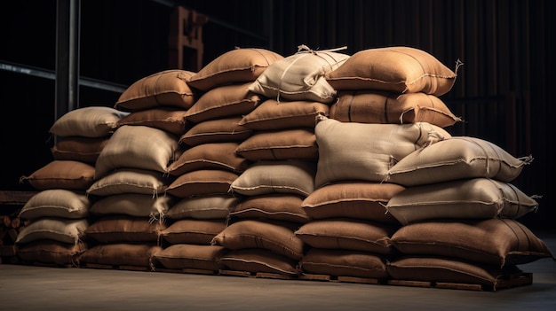 Generative KI Stapeln Sie Hanfsäcke mit Reis oder Kaffee für die industrielle Lagerung