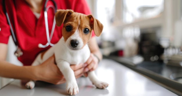 Generative KI süßer kleiner Hund, der von einem professionellen Tierarzt in der Tierklinik untersucht wird
