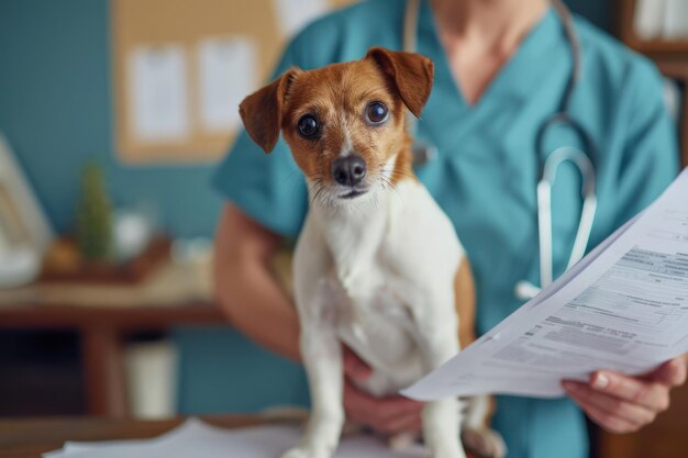 Generative KI süßer kleiner Hund, der von einem professionellen Tierarzt in der Tierklinik untersucht wird