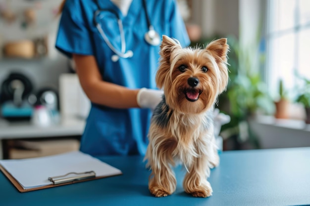 Generative KI süßer kleiner Hund, der von einem professionellen Tierarzt in der Tierklinik untersucht wird