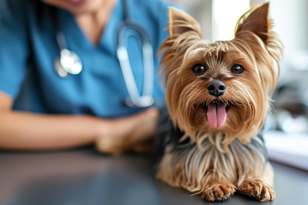 Generative KI süßer kleiner Hund, der von einem professionellen Tierarzt in der Tierklinik untersucht wird