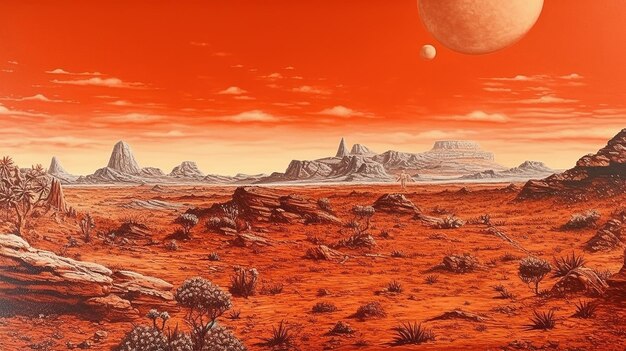 Foto generative ki surreale ansicht von der orangefarbenen planetenlandschaft, scifi-illustration, rotem marsgelände