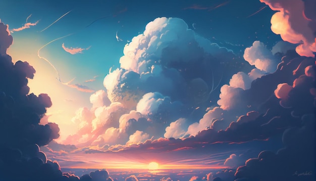 Generative KI Träumende blau-weiße Wolkenlandschaft bei SunriseSunset