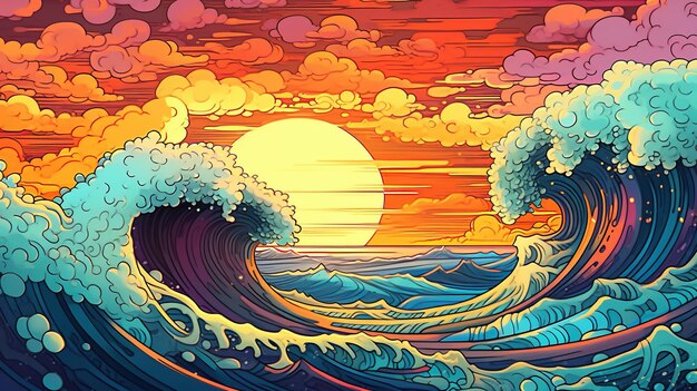 Generative KI tropische Strand im Sonnenuntergang lineare Illustration psychedelische Manga-Stil hoch detaillierte Anime farbenfrohe stylex9