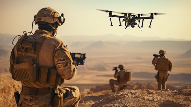 Generative KI-Truppen führen Aufklärung mit einer Drohne und einem Laptop vor einem Sonnenuntergang durch