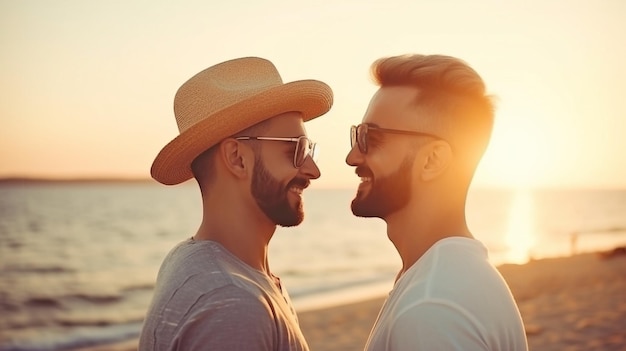 Generative KI und ein glückliches homosexuelles Paar treffen sich in der Abenddämmerung am Strand