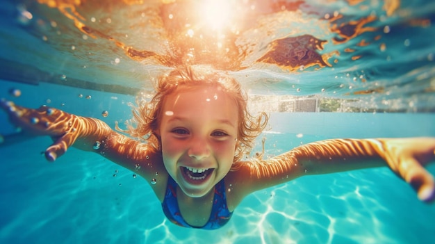 Generative KI und fröhliche kleine Kinder, die unter Wasser schwimmen