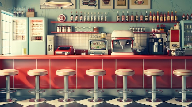 Generative KI Vintage-Foto eines roten amerikanischen Cafés mit 50er-Jahre-Retro-Interior-Designx