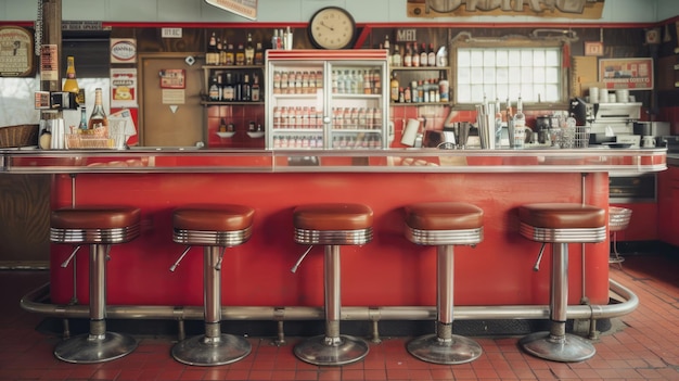 Generative KI Vintage-Foto eines roten amerikanischen Cafés mit 50er-Jahre-Retro-Interior-Designx