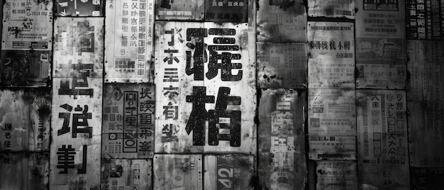 Generative KI Vintage Grunge japanische Kalligraphie Buchstaben Collage schwarzer Hintergrund