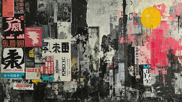 Generative KI Vintage Grunge schwarz-weiße Collage-Poster mit asiatischem Stadtbild Verschiedene Texturen und Formenx9
