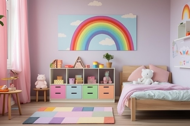 Generative KI Vorderansicht eines Kinderzimmers mit Tischregalen mit Kisten und Regenbogensi