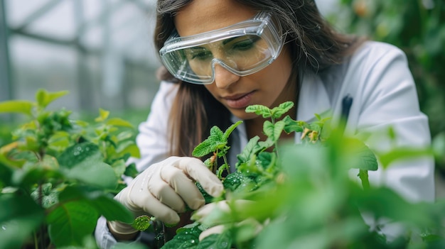 Generative KI Weibliche Wissenschaftlerin untersucht Pflanzen Biotechnologieforschung von Pflanzen für die Landwirtschaft