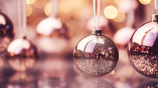Generative KI Weihnachts- und Neujahrskugeln auf verschwommenem Hintergrund Feiertage Konzept festliche Wintersaison Hintergrund