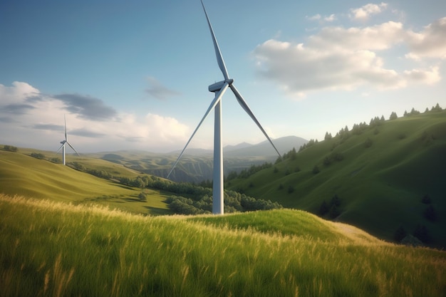 Generative KI-Windkraftanlagen in einer feldgrünen Agrarlandschaft Umweltfreundlich