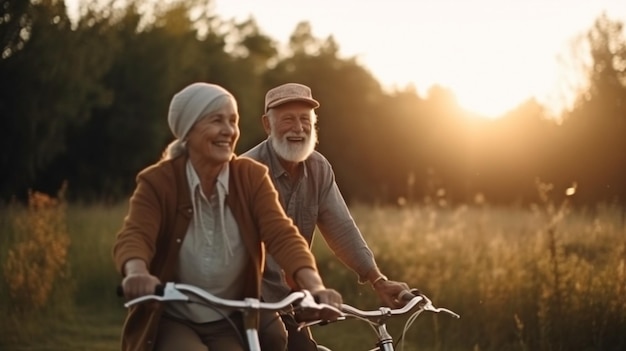 Generative KI wird von einem jungen und fröhlichen älteren Paar genutzt, um eine Outdoor-Aktivität beim Fahrradfahren zu genießen