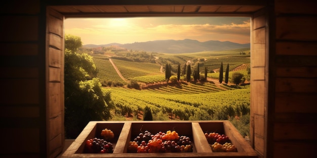Generative KI wunderschöner Weinberg mit hölzernen Fässern grüne Landschaft Reihen von Weinreben am Sonnenuntergang