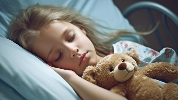 Generative KI zeigt ein krankes Mädchen mit Teddybär, das in einem Krankenhausbett döst