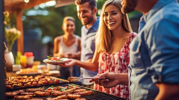 Foto generative ki zeigt ein zufriedenes junges paar, das steak grillt, während seine familie im hintergrund entspannt