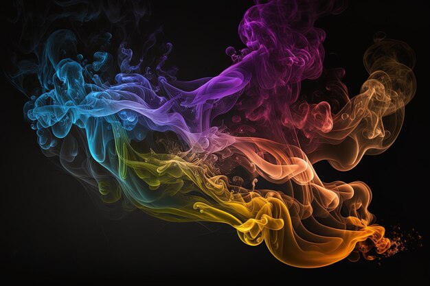 Generative KI zeigt eine bunte Rauchwolke in diesem Bild. Sie sieht aus, als würde sie in der Luft schweben und ist sehr dunkel und blau und gelb mit schwarzem Hintergrund
