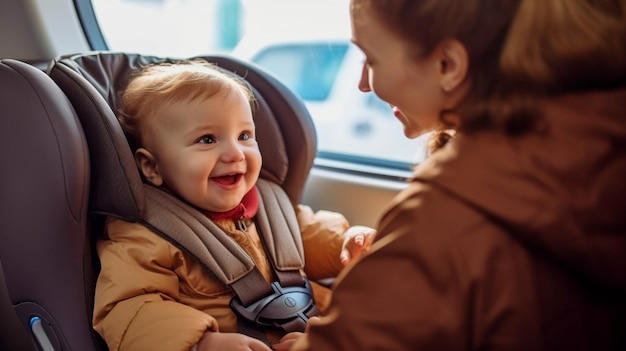 Generative KI zeigt eine Frau, die ihr Kleinkind in einem Autositz anschnallt