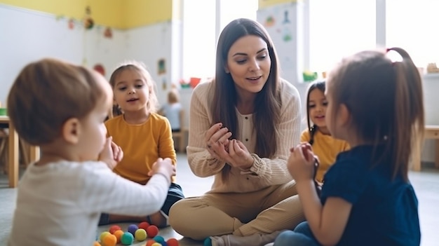 Generative KI zeigt eine fröhliche Lehrerin, die mit einer Gruppe kleiner Schüler sitzt und Handspiele spielt