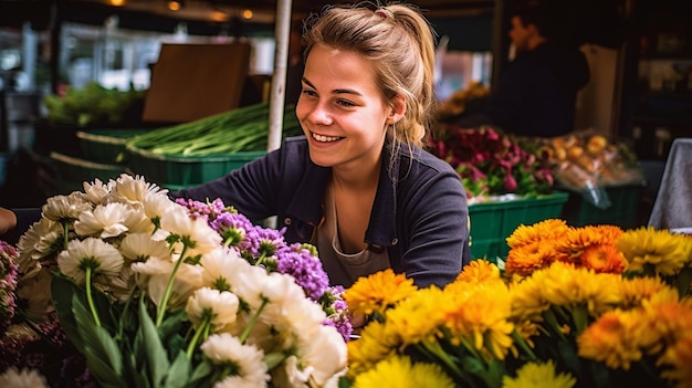Generative KI zeigt eine glückliche junge Frau, die im Blumenladen in der Nachbarschaft neue Stecklinge auswählt
