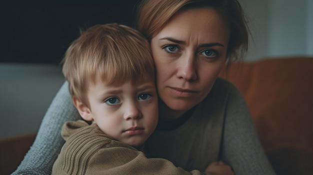 Generative KI zeigt einen Jugendlichen, der seine Mutter in einer traurigen Situation zu Hause kuschelt