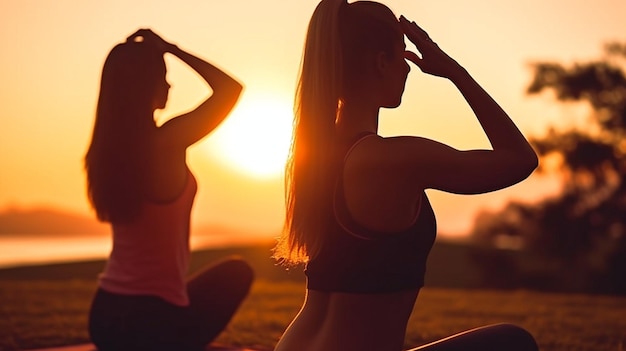 Generative KI Zwei Frauen im Freien Yoga Sonnenuntergang