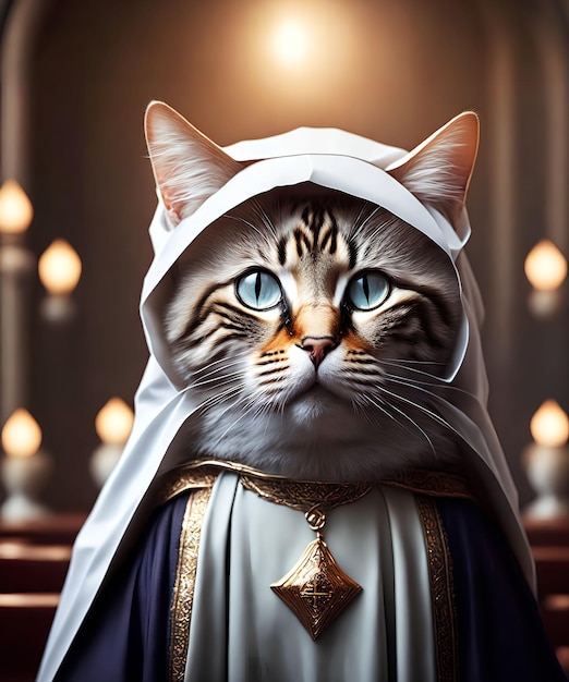 Generative Kunst einer kleinen Katze als Nonne in der Kirche von AI