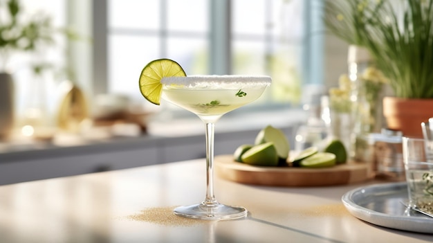 Generativer A.I. Margarita-Cocktail auf dem Tisch in der weißen Küche mit Limette Alkoholgetränk