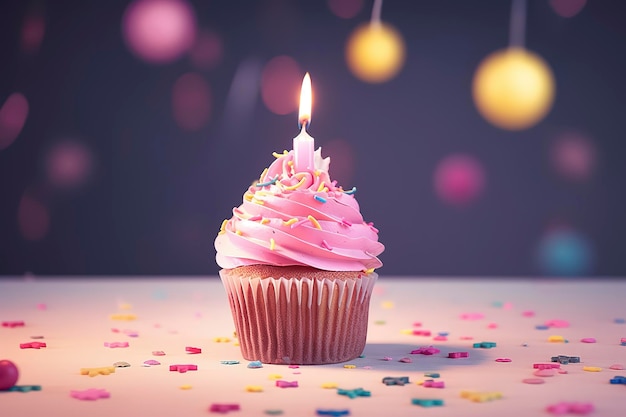 Generativer AI-Geburtstags-Cupcake mit Kerze und rosafarbener Dekoration