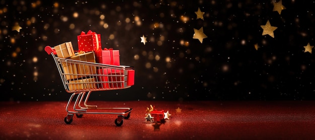 Generativer AI goldener Einkaufswagen mit vielen Geschenkkisten auf rotem Hintergrund mit glitzerndem Bokeh