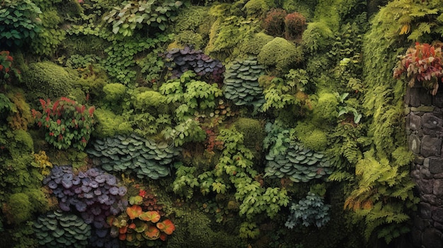 Foto generativer ai-grüner wald dekorativer stabiler moos mit üppigen verschiedenen farben bäume sukkulenten