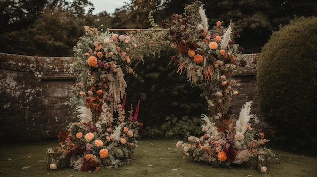 Generativer AI-Hochzeitszeremonie-Boho-Bogen im rustikalen Stil mit Blumen- und Pflanzenblumensträußen