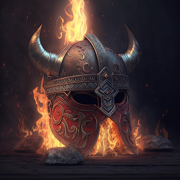 Generativer Ein Wikingerhelm aus Eisen und Leder, der mit tiefrotem Feuerlicht schimmert. Focus Wikingerkriegerhelm aus Metall mit Hörnern und Runen