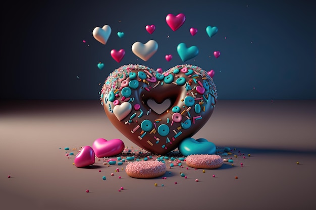 Generativer KI-Donut in Herzform mit kleinen Herzen Gebäck Keks Werbung für süße Speisen