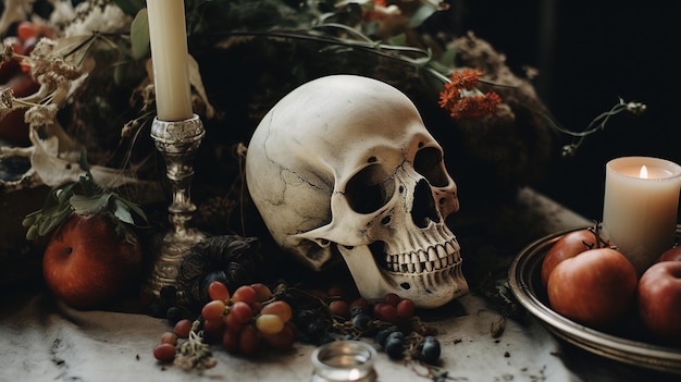 Generativer KI-Halloween-Hintergrund mit Totenkopfblumen und Federn in gedämpften Farben im Boho-Stil