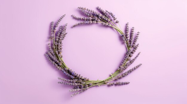 Generativer KI-Kranz aus Lavendelzweigen Blumen mit Kopierraum natürlicher organischer Blumenrahmen Violett-Hintergrund