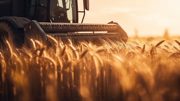 Generativer KI-Nahaufnahme moderner Mähdrescher auf einer Weizenfeld-Farmlandschaft landwirtschaftlich