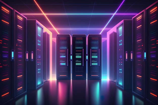 Generativer KI-Rechenzentrumsraum mit Mainframe-Speicherservern Cloud-Netzwerkkonzept, das Datenbanken und Internet hostet Modern Telecommunications Artificial Intelligenceserver room