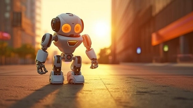 Generativer KI-Roboter kommt bei Sonnenaufgang zur Arbeit in der Stadt