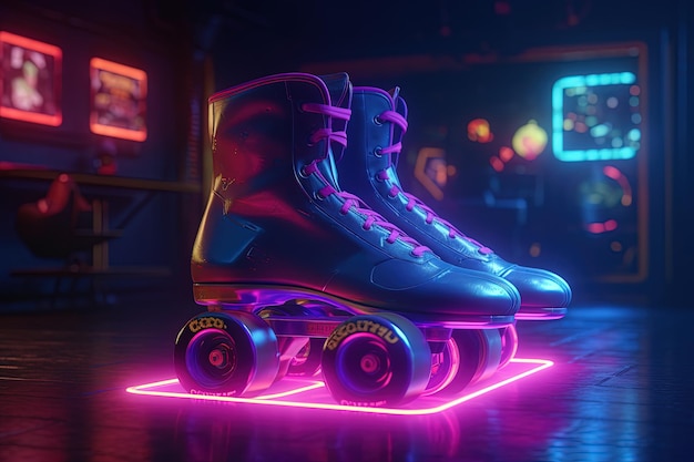 Generativer KI-Rollschuh im Cyberpunk-Stil, Disco, nostalgische 80er-90er-Neon-Nachtlichter