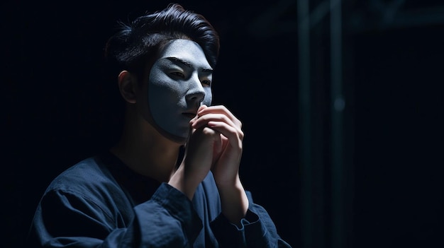 Generativer KI-Schauspieler, der maskiert auf einer Bühne im Dunkeln auftritt