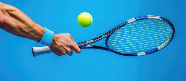 Foto generativer ki-tennisspieler hält einen schläger und schlägt den ball auf blauem hintergrund