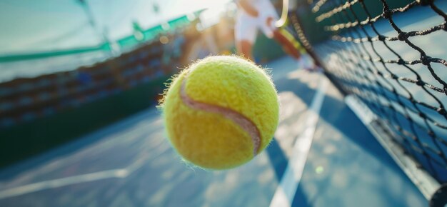 Foto generativer ki-tennisspieler hält einen schläger und schlägt den ball auf dem tennisplatz