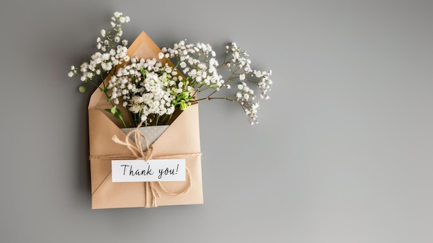 Generativer KI-Umschlag mit Blumen und einer Dankesbotschaft auf neutralem Hintergrund