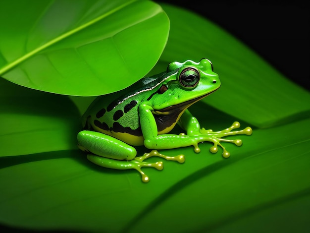 Generatives A-Bild eines grünen Frosches, der auf einem grünen Blatt einer tropischen Pflanze gegen schwarzen Hintergrund sitzt.