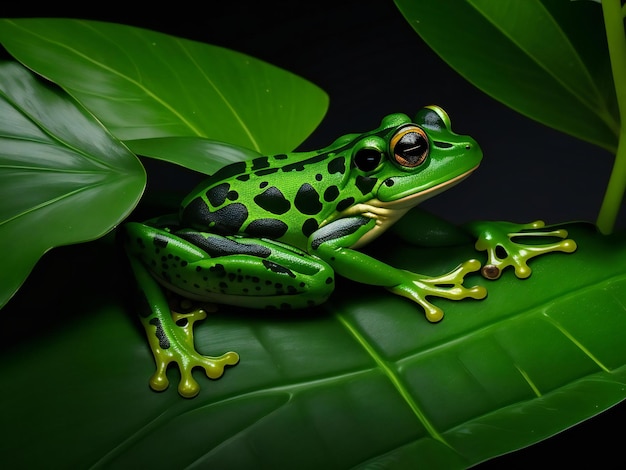 Generatives A-Bild eines grünen Frosches, der auf einem grünen Blatt einer tropischen Pflanze gegen schwarzen Hintergrund sitzt.